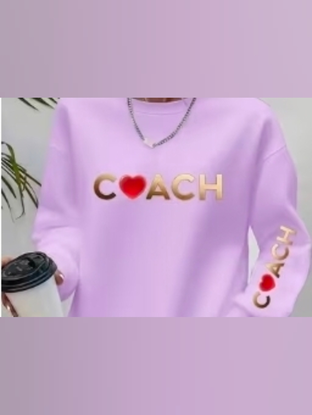 Lavendar Sweatshirt with Gold Logo and Red Heart On Sleeve